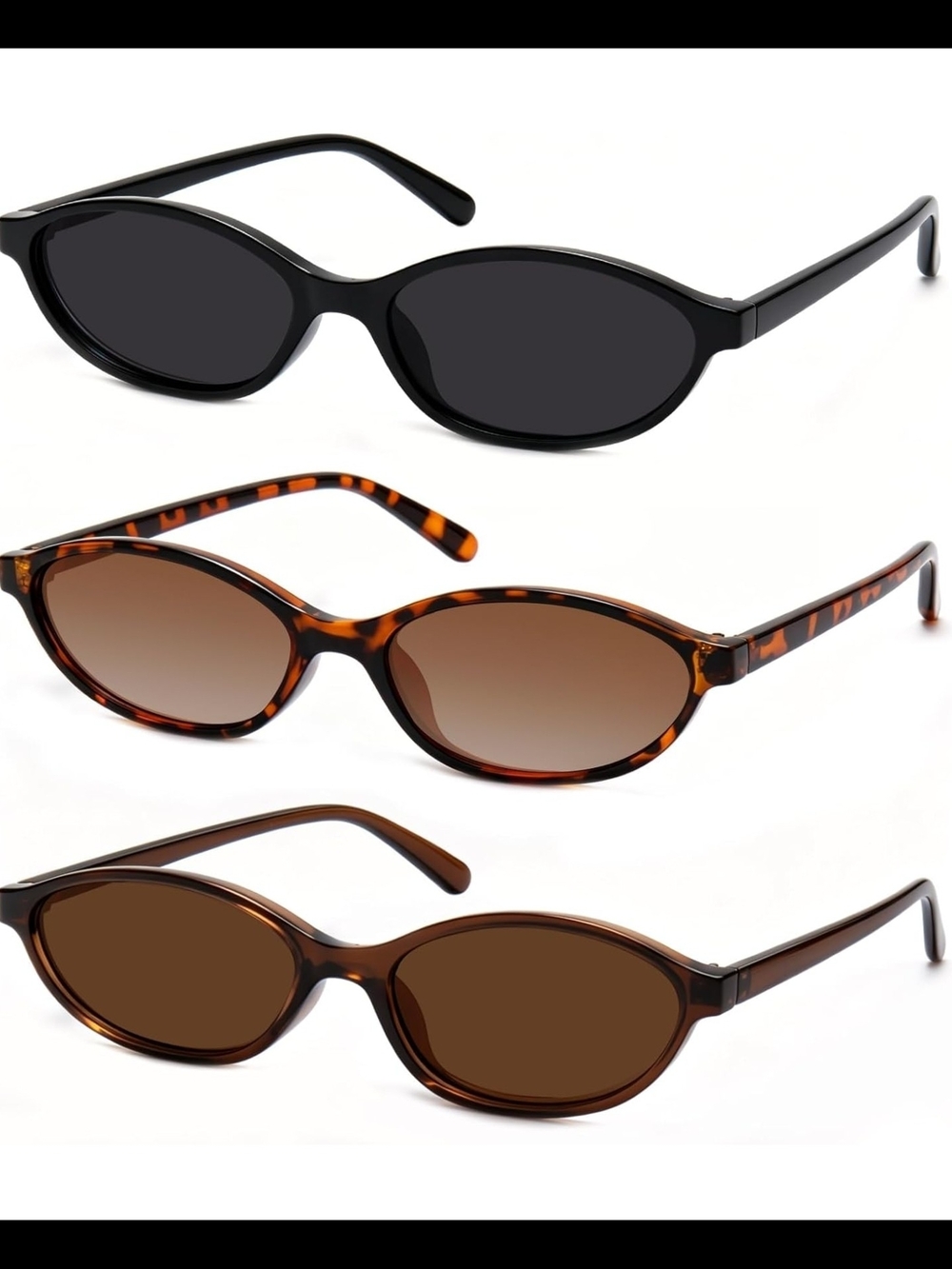 Set of 3 Slim Cat-Eye Sunglasses - Black, Tortoise, Brown
